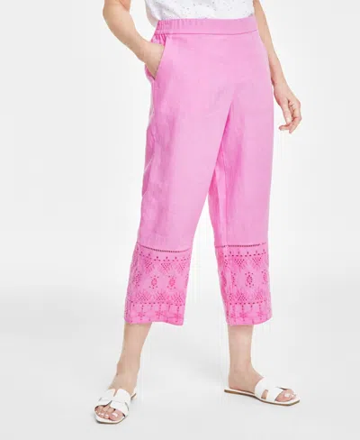 Charter Club Women's 100% Linen Eyelet-trim Pull-on Pants, Created For Macy's In Bubble Bath