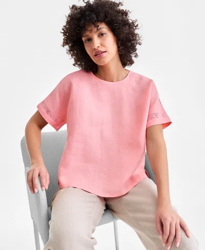 Charter Club Women's 100% Linen Eyelet-trim Short-sleeve Top, Macy's Exclusive In Pink