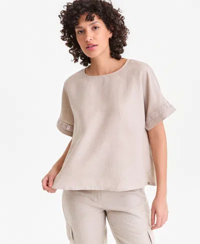Charter Club Women's 100% Linen Eyelet-trim Short-sleeve Top, Macy's Exclusive In Neutral