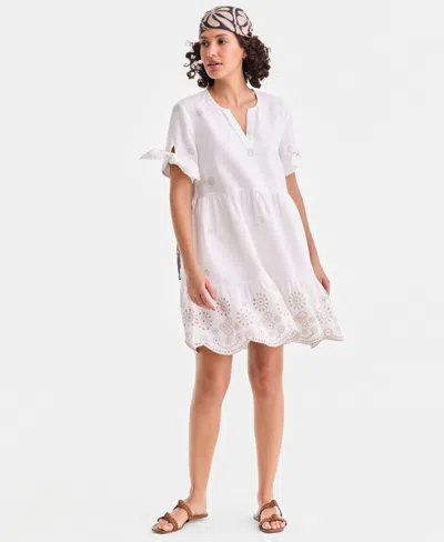 Charter Club Women's 100% Linen Eyelet-trim Tiered Mini Dress, Macy's Exclusive In White