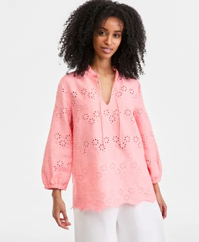 Charter Club Women's 100% Linen Eyelet-embroidered Blouson-sleeve Top, Macy's Exclusive In Pink