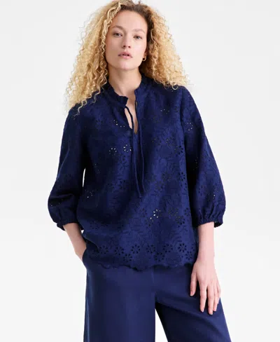 Charter Club Women's 100% Linen Eyelet-embroidered Blouson-sleeve Top, Macy's Exclusive In Blue