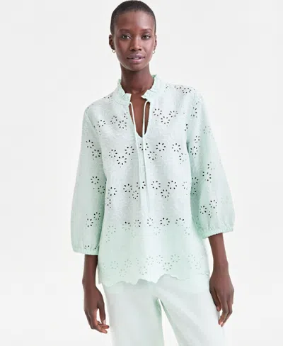 Charter Club Women's 100% Linen Eyelet-embroidered Blouson-sleeve Top, Macy's Exclusive In Green