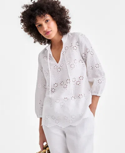 Charter Club Women's 100% Linen Eyelet-embroidered Blouson-sleeve Top, Macy's Exclusive In White