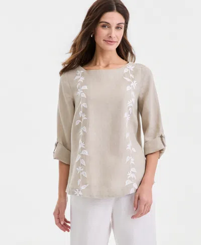 Charter Club Women's 100% Linen Floral-embroidered 3/4-sleeve Top, Macy's Exclusive In Animal Print
