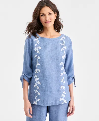 Charter Club Women's 100% Linen Floral-embroidered 3/4-sleeve Top, Macy's Exclusive In Blue