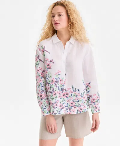 Charter Club Womens 100 Linen Floral Placement Print Shirt Macys Exclusive In White