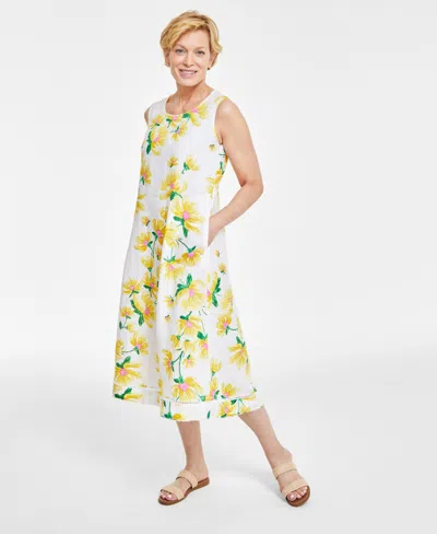 Charter Club Women's 100% Linen Floral-print Sleeveless Midi Dress, Created For Macy's In Bright White Combo
