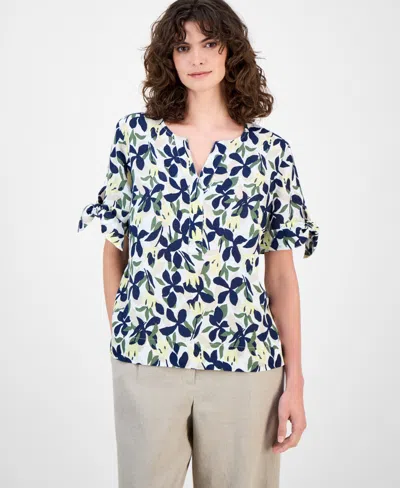 Charter Club Women's 100% Linen Floral-print Tie-sleeve Top, Macy's Exclusive