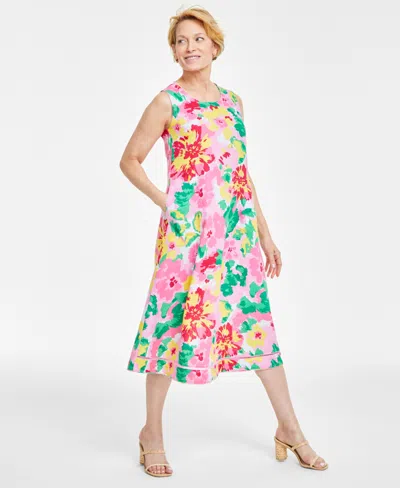 Charter Club Women's 100% Linen Floral-print Woven Sleeveless Dress, Created For Macy's In Bubble Bath Combo