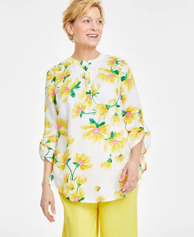Charter Club Women's 100% Linen Floral-print Woven Tab-sleeve Tunic, Created For Macy's In Bright White Combo