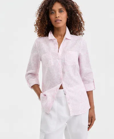 Charter Club Women's 100% Linen Floral Roll-tab-sleeve Shirt, Macy's Exclusive In Pink