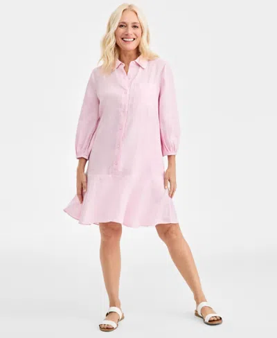Charter Club Women's 100% Linen Flounce Shirtdress, Created For Macy's In Pink