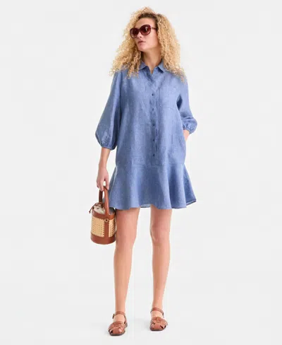 Charter Club Women's 100% Linen Flounce Shirtdress, Created For Macy's In Blue