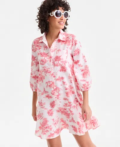 Charter Club Women's 100% Linen Flounce Shirtdress, Created For Macy's In Pink