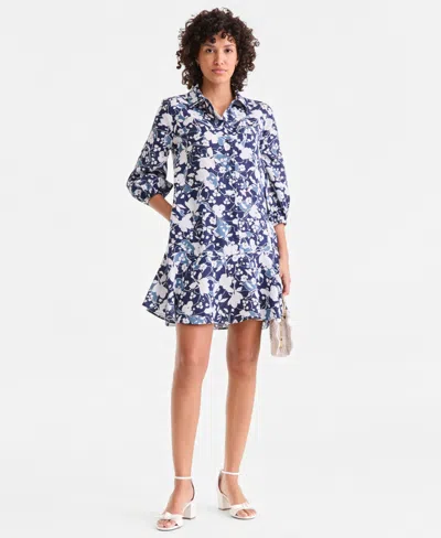 Charter Club Women's 100% Linen Flounce Shirtdress, Created For Macy's In Blue