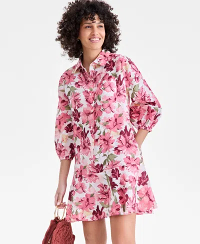 Charter Club Plus Size Linen Floral-print Flounce Shirtdress, Macy's Exclusive In Pink
