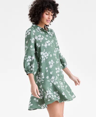Charter Club Women's 100% Linen Flounce Shirtdress, Created For Macy's In Green