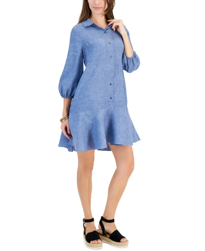 Charter Club Women's 100% Linen Flounce Shirtdress, Created For Macy's In Blue Ocean Combo