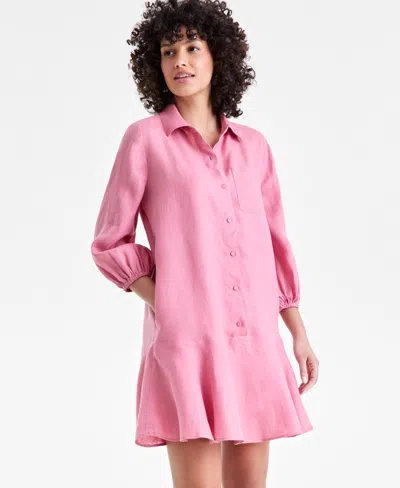Charter Club Women's 100% Linen Flounce Shirtdress, Created For Macy's In Pink