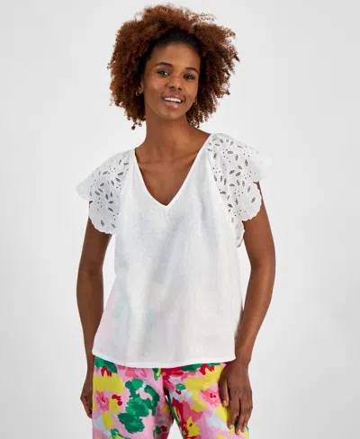 Charter Club Women's 100% Linen Flutter Eyelet-sleeve Top, Created For Macy's In Bright White