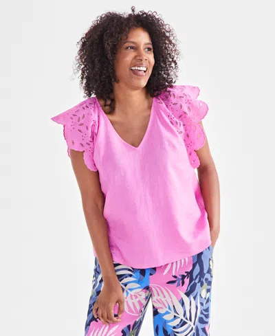 Charter Club Women's 100% Linen Flutter Eyelet-sleeve Top, Created For Macy's In Phlox Pink