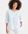 Charter Club Women's 100% Linen Front-bib 3/4-sleeve Blouse, Macy's Exclusive In Blue