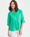 Charter Club Women's 100% Linen Front-bib 3/4-sleeve Blouse, Macy's Exclusive In Green