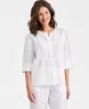 Charter Club Women's 100% Linen Front-bib 3/4-sleeve Blouse, Macy's Exclusive In White