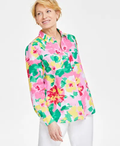 Charter Club Women's 100% Linen Garden Blur Printed Shirt, Created For Macy's In Bubble Bath Combo