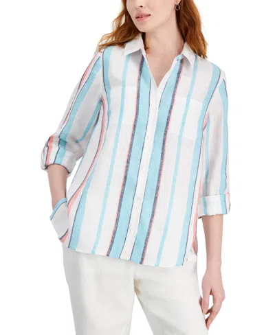 Charter Club Women's 100% Linen Hampton Stripe Tab-sleeve Top, Created For Macy's In Bright White Combo