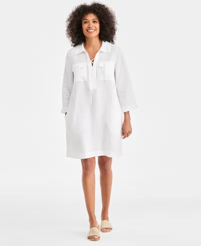 Charter Club Women's 100% Linen Lace-up 3/4-sleeve Utility Dress, Macy's Exclusive In White