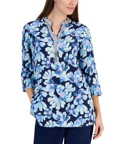 Charter Club Women's 100% Linen Morning Bloom Tunic, Created For Macy's In Intrepid Blue Combo
