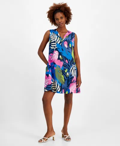 Charter Club Women's 100% Linen Palm-print Dress, Created For Macy's In Intrepid Blue Combo