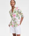 Charter Club Women's 100% Linen Palm Print Roll-tab Shirt, Exclusively At Macy's In Palm Beach