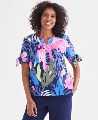 Charter Club Women's 100% Linen Palm-print Split-neck Top, Created For Macy's In Intrepid Blue Combo