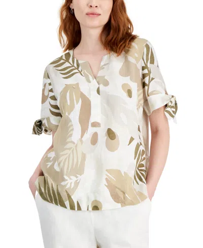 Charter Club Women's 100% Linen Palm-print Split-neck Top, Created For Macy's In Meadow Trail Combo