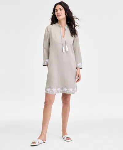 Charter Club Women's 100% Linen Palm-trim Mini Dress, Exclusively At Macy's