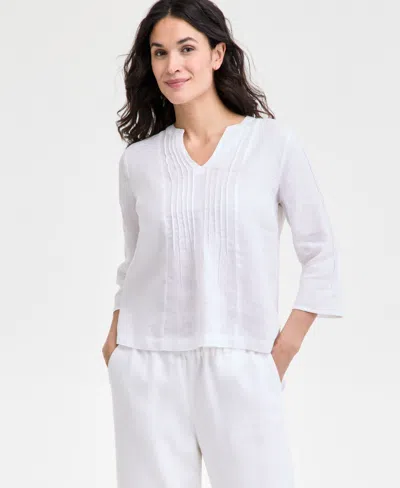 Charter Club Women's 100% Linen Pintuck-trim Top, Exclusively At Macy's In Bright White