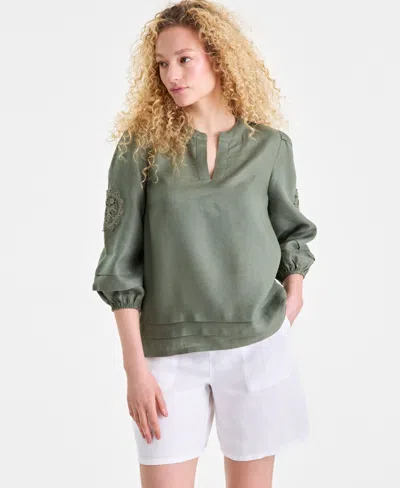 Charter Club Women's 100% Linen Pintuck-trim Top, Macy's Exclusive In Green