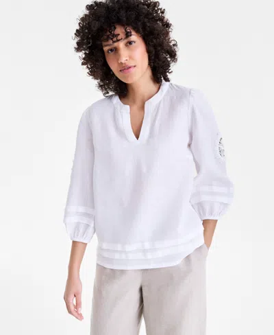Charter Club Women's 100% Linen Pintuck-trim Top, Macy's Exclusive In White