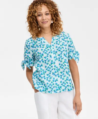 Charter Club Women's 100% Linen Poppy Floral Tie-cuff Split-neck Top, Macy's Exclusive In Gray