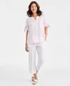 Charter Club Women's 100% Linen Poppy Floral Tie-cuff Split-neck Top, Macy's Exclusive In Pink