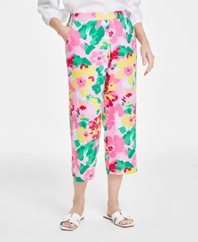 Charter Club Women's 100% Linen Printed Cropped Pull-on Pants, Created For Macy's In Bubble Bath Combo