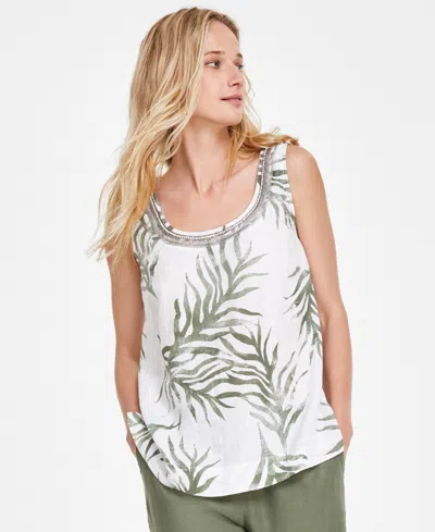 Charter Club Women's 100% Linen Printed Embellished Sleeveless Top, Created For Macy's In Bright White Combo