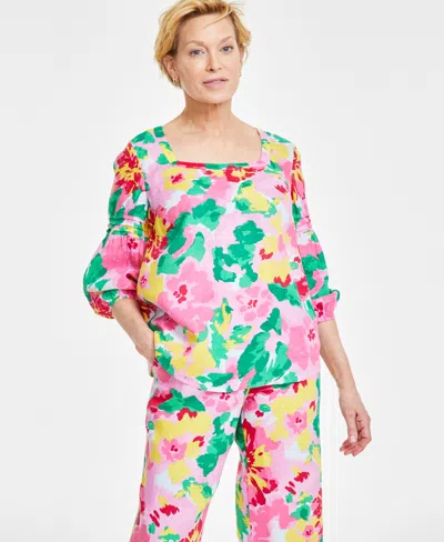 Charter Club Women's 100% Linen Printed Square-neck Top, Created For Macy's In Bubble Bath Combo