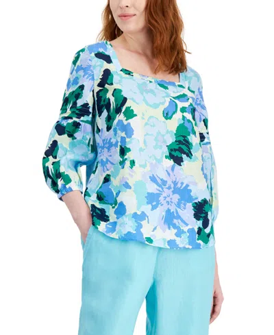Charter Club Women's 100% Linen Printed Square-neck Top, Created For Macy's In Light Pool Blue Combo