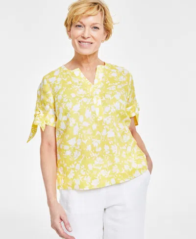 Charter Club Women's 100% Linen Printed Tie-sleeve Top, Created For Macy's In Primrose Yellow