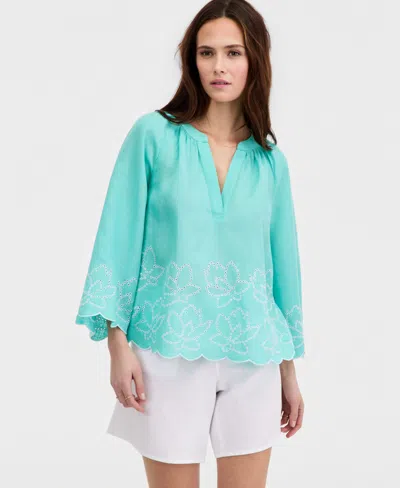 Charter Club Women's 100% Linen Raglan-sleeve Cabana Top, Created For Macy's In Blue