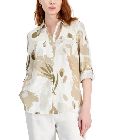 Charter Club Women's 100% Linen Roll-tab Button Shirt, Created For Macy's In Meadow Trail Combo